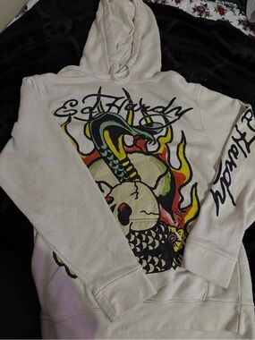 Ed Hardy White Hooded Sweatshirt with Multicolor Snake Graphic